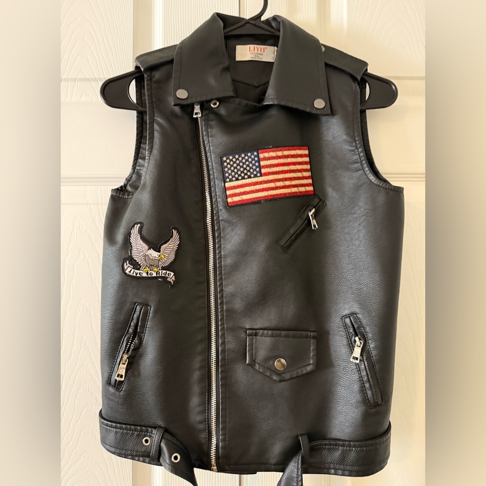 LJYH Kids Black Motorcycle Faux Leather Vest with Patches SZ T13-14 Years